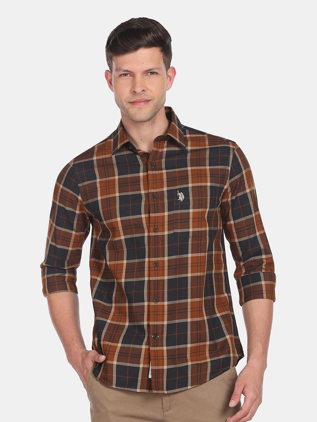 

U.S. Polo Assn. Men Checked Casual Cotton Shirt, Brown