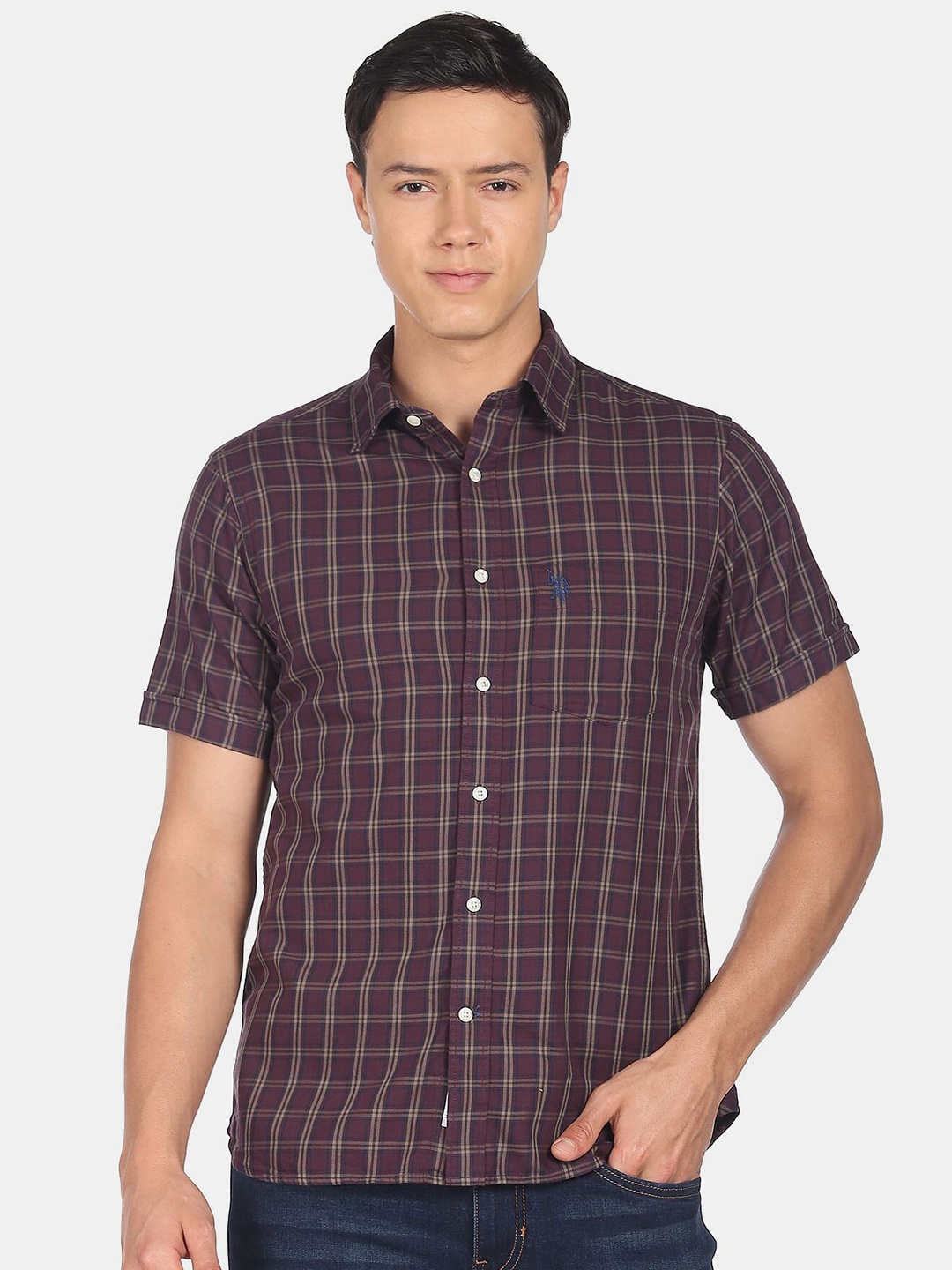 

U.S. Polo Assn. Men Checked Casual Pure Cotton Shirt, Purple