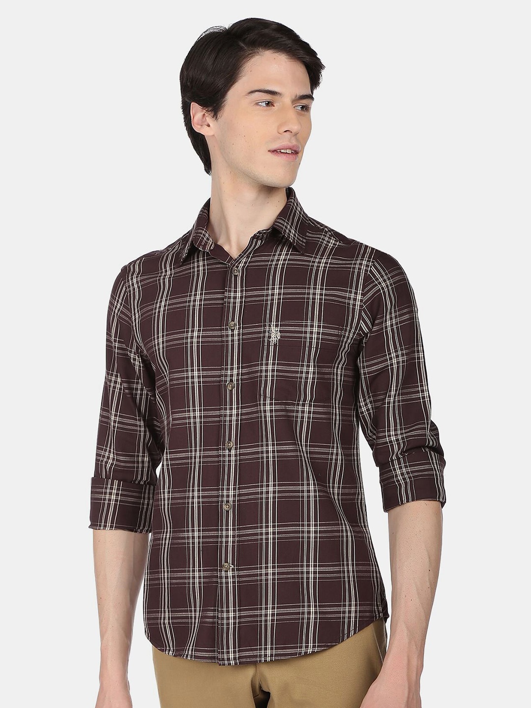 

U.S. Polo Assn. Men Plaid Checks Twill Cotton Casual Shirt, Brown