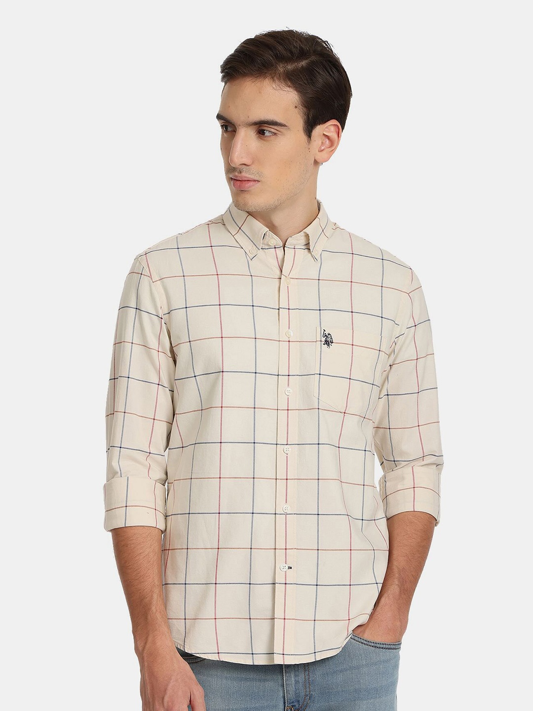 

U.S. Polo Assn. Men Windowpane Checks Casual Pure Cotton Shirt, Beige