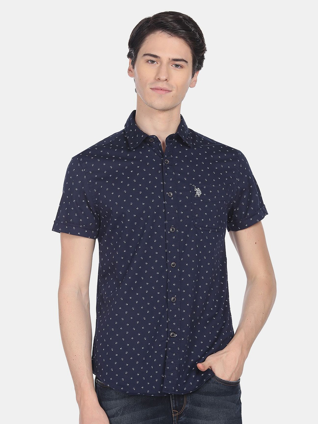 

U.S. Polo Assn. Denim Co. Men Slim Fit Printed Casual Cotton Shirt, Navy blue