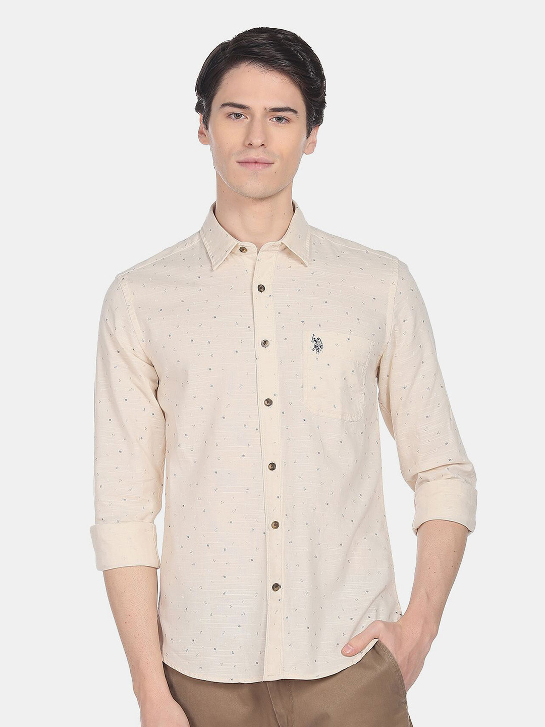 

U.S. Polo Assn. Denim Co. Men Striped Slim Fit Casual Cotton Shirt, Beige