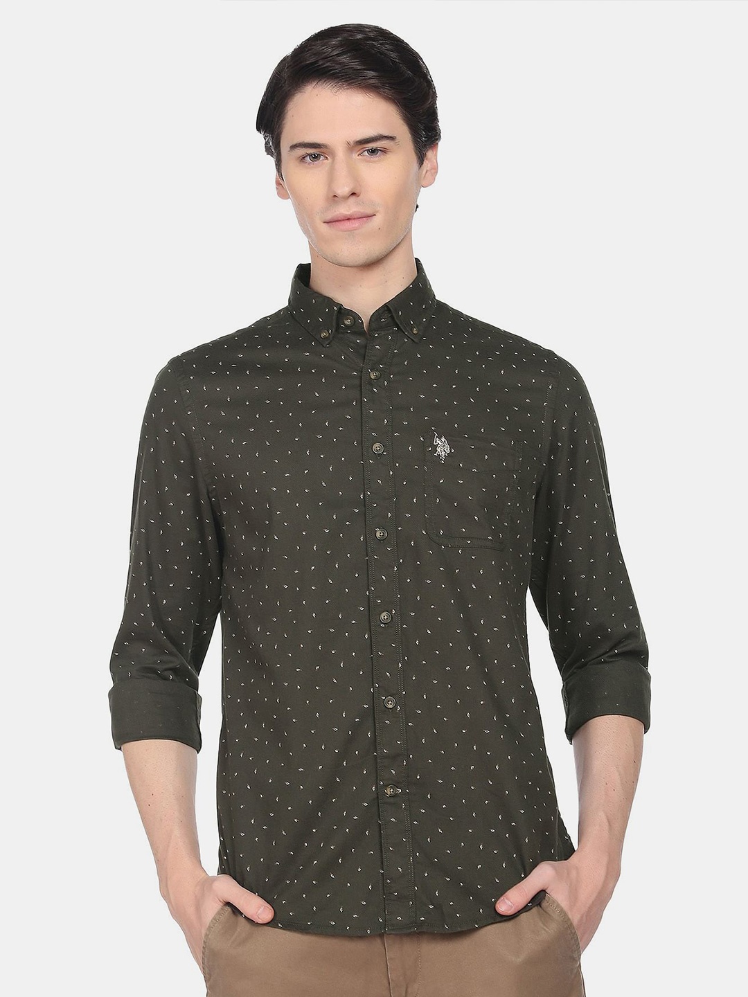 

U.S. Polo Assn. Denim Co. Men Printed Slim Fit Casual Cotton Shirt, Olive
