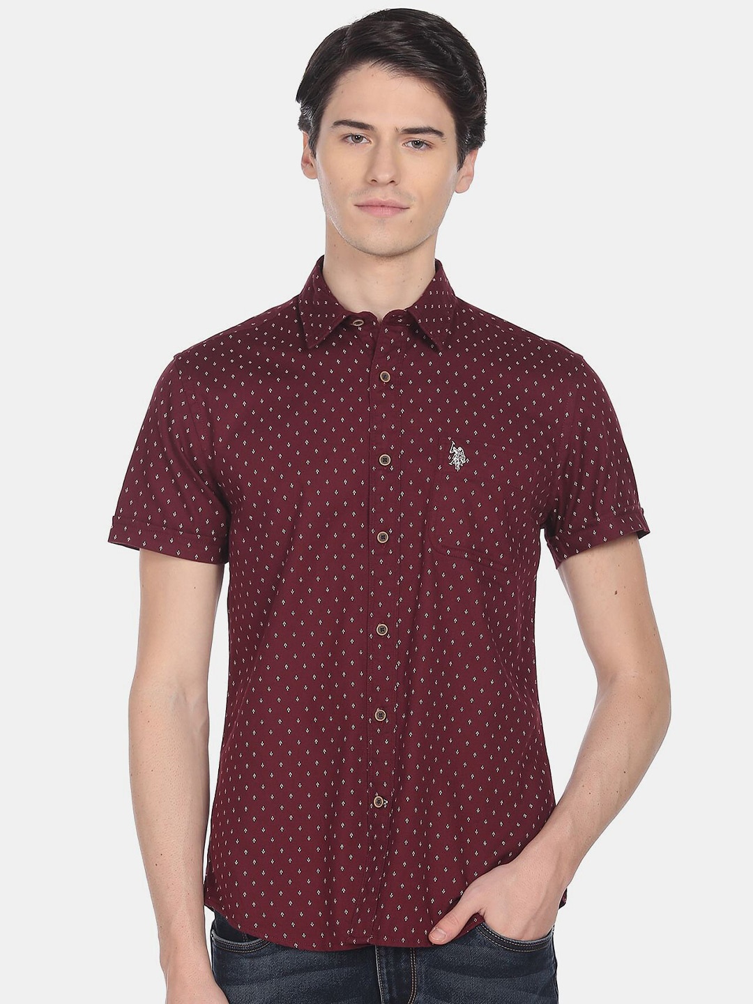 

U.S. Polo Assn. Denim Co. Men Slim Fit Printed Casual Cotton Shirt, Maroon