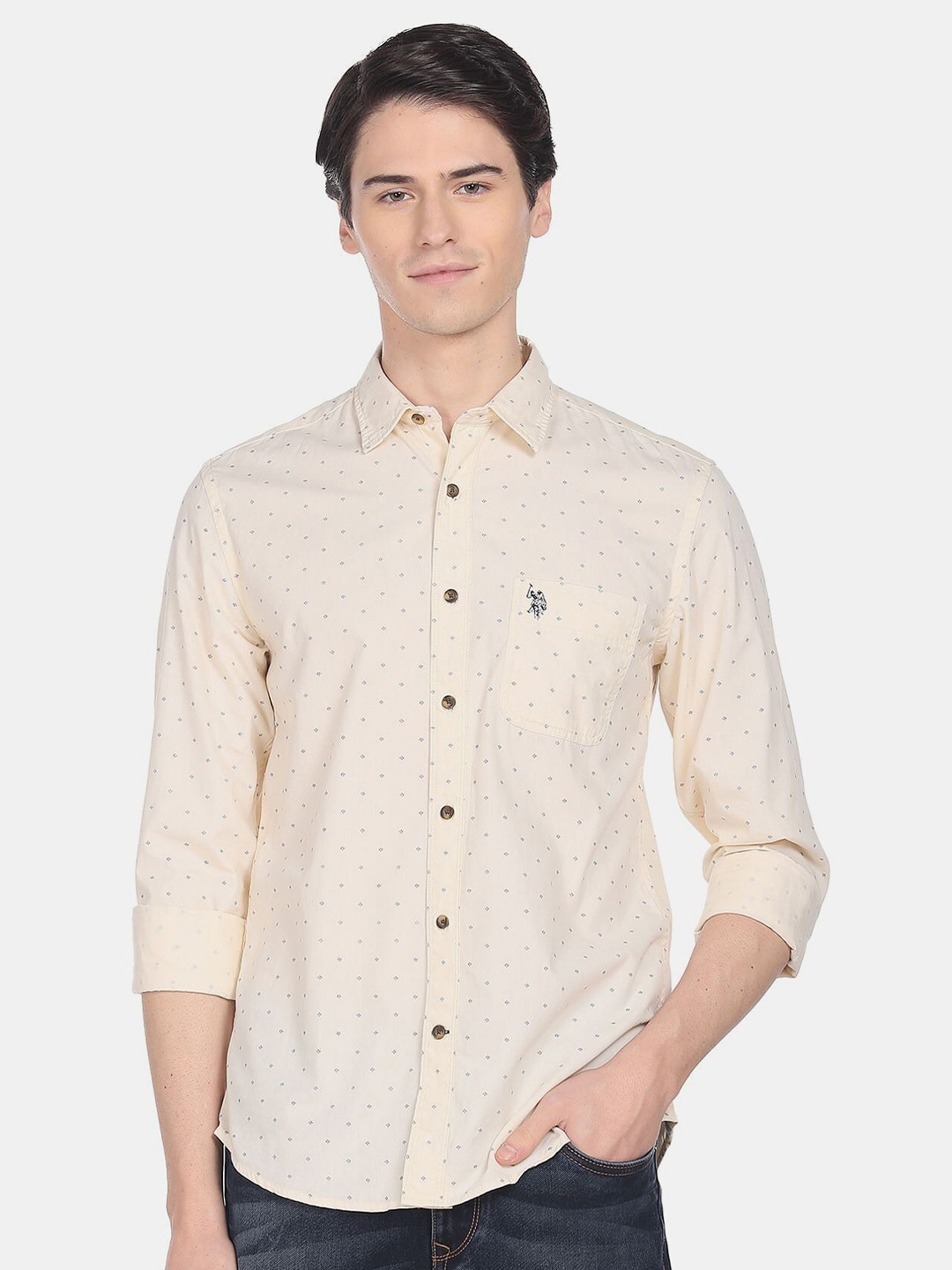 

U.S. Polo Assn. Denim Co. Men Cotton Slim Fit Printed Casual Shirt, Cream