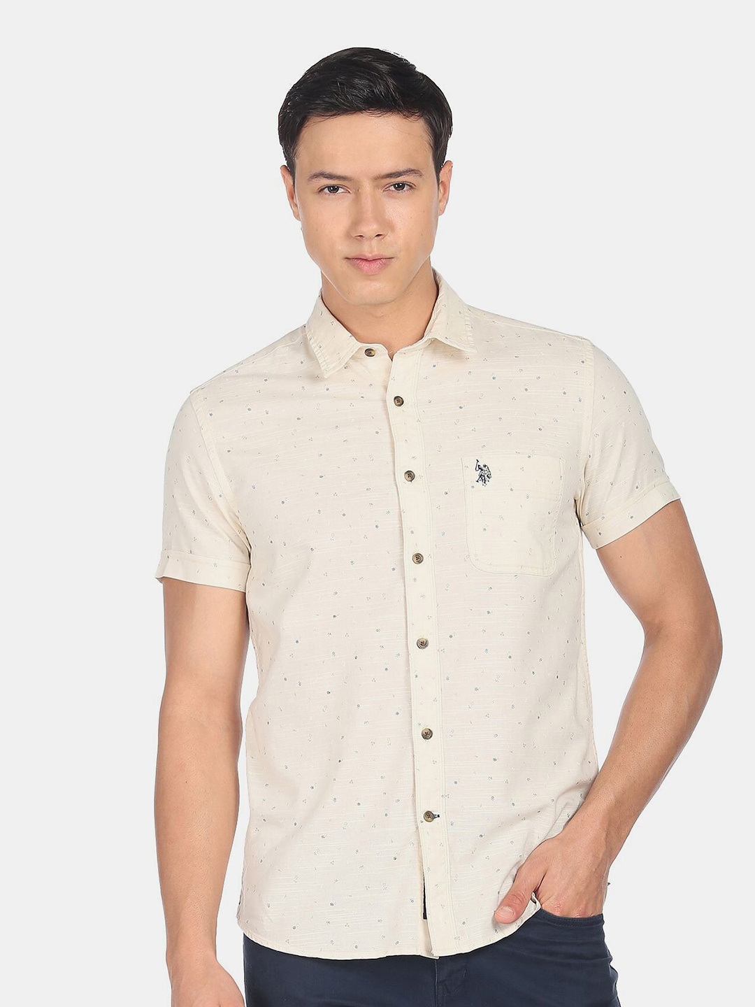 

U.S. Polo Assn. Denim Co. Men Slim Fit Printed Casual Cotton Shirt, Beige