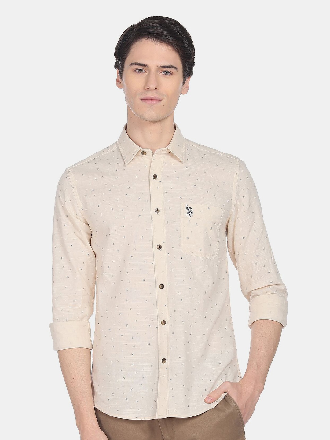 

U.S. Polo Assn. Denim Co. Men Slim Fit Printed Casual Cotton Shirt, Beige