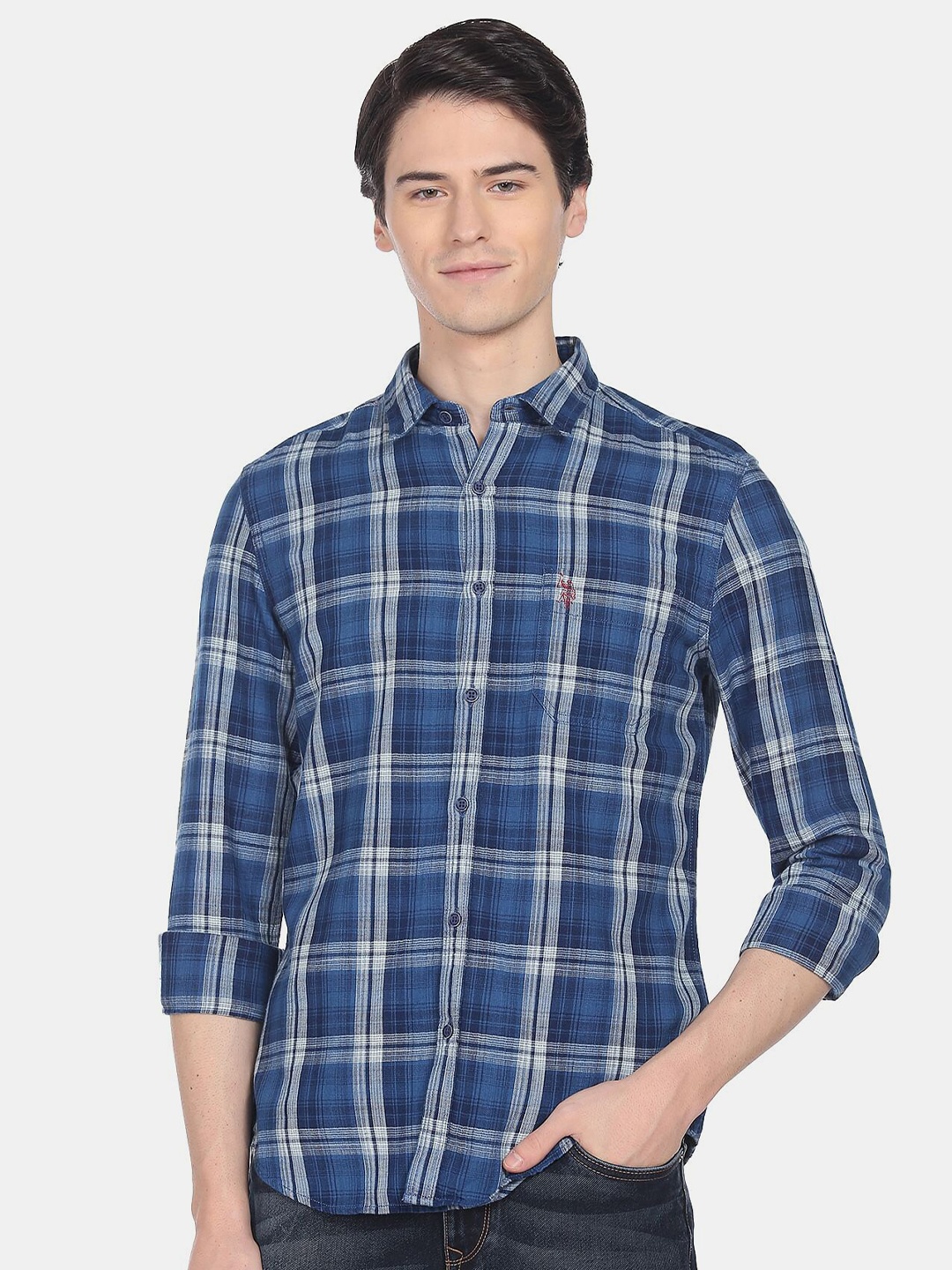 

U.S. Polo Assn. Denim Co. Men Checked Casual Cotton Shirt, Blue