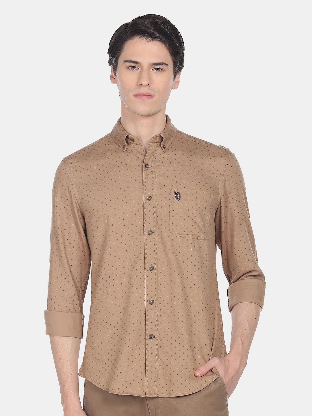 

U.S. Polo Assn. Denim Co. Men Slim Fit Printed Casual Cotton Shirt, Beige