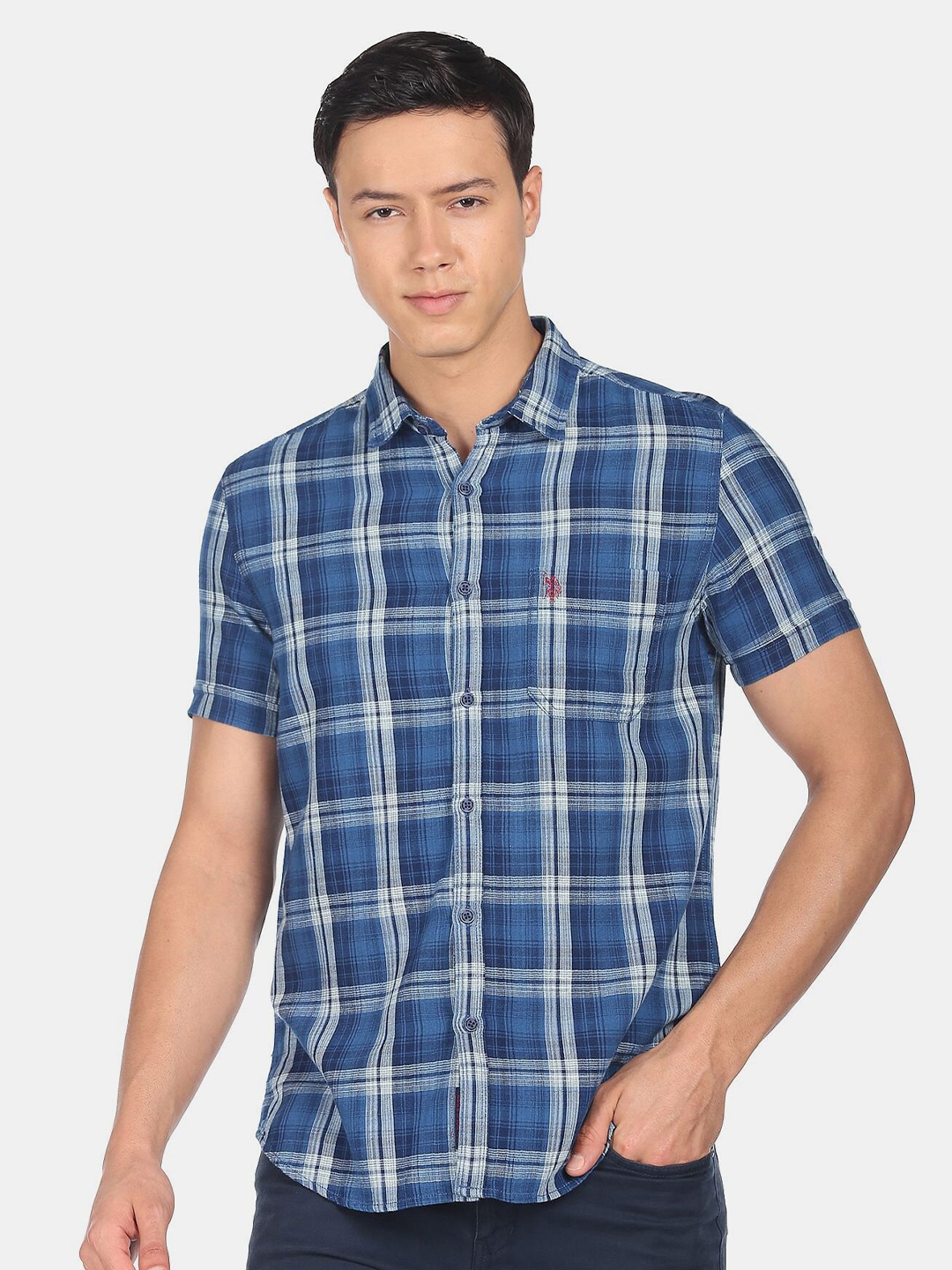 

U.S. Polo Assn. Denim Co. Men Slim Fit Tartan Checked Casual Cotton Shirt, Blue