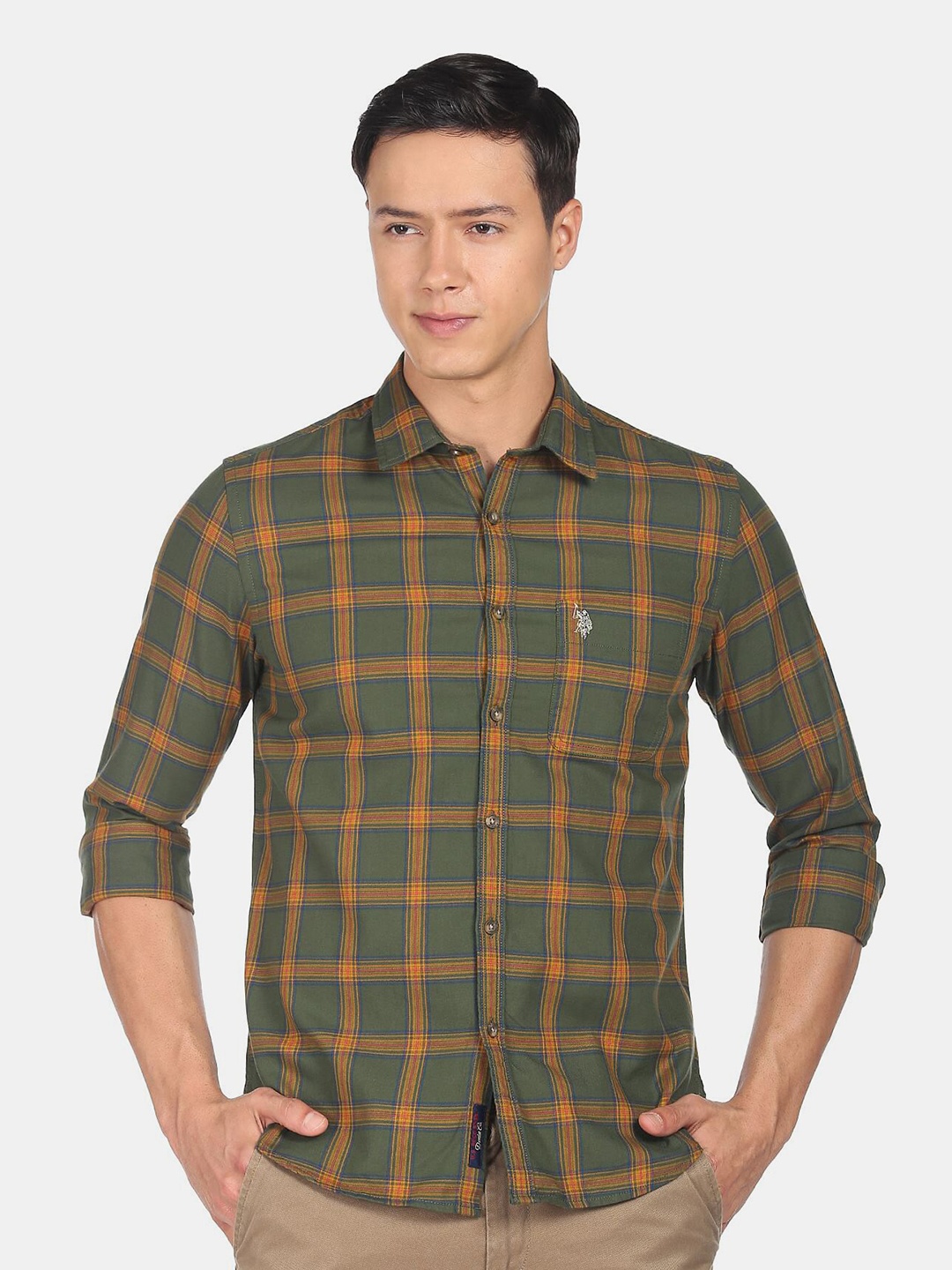 

U.S. Polo Assn. Denim Co. Men Slim Fit Checked Casual Cotton Shirt, Green