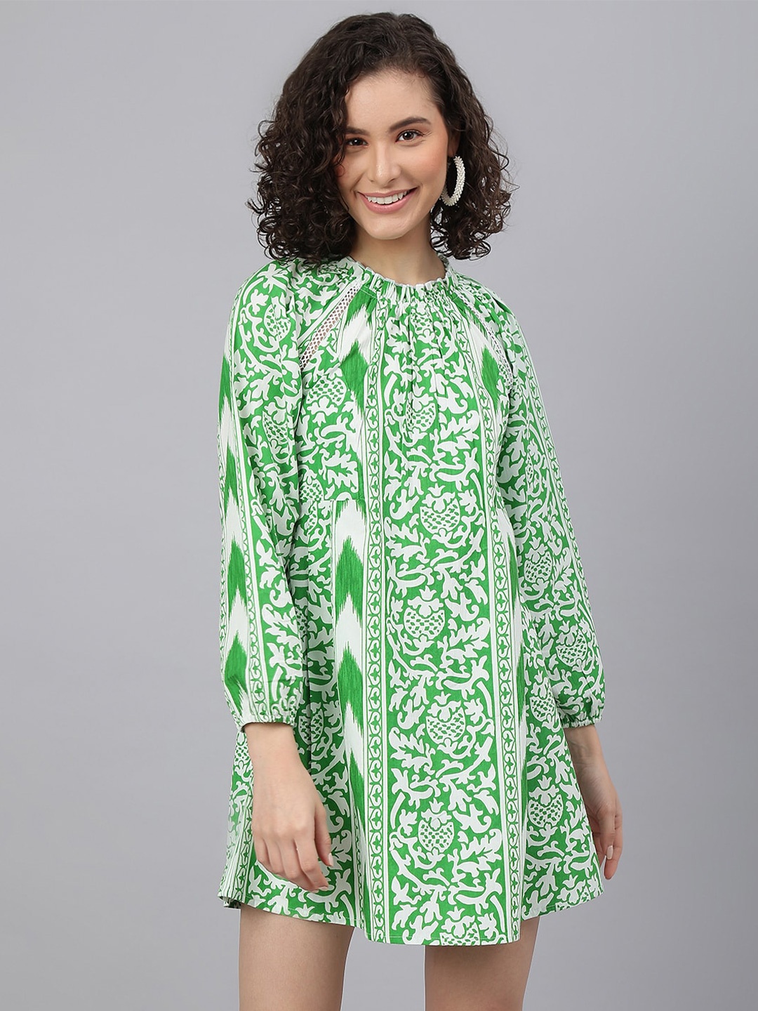 

I Love She Floral Printed A-Line Cotton Dress, Green