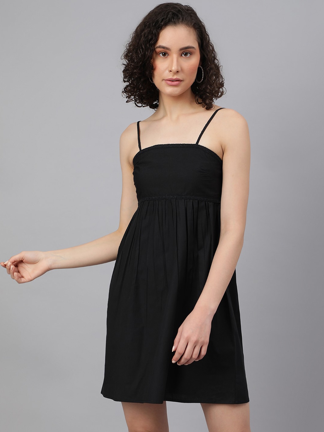 

I Love She Shoulder Strap Fit And Flare Cotton Dress, Black
