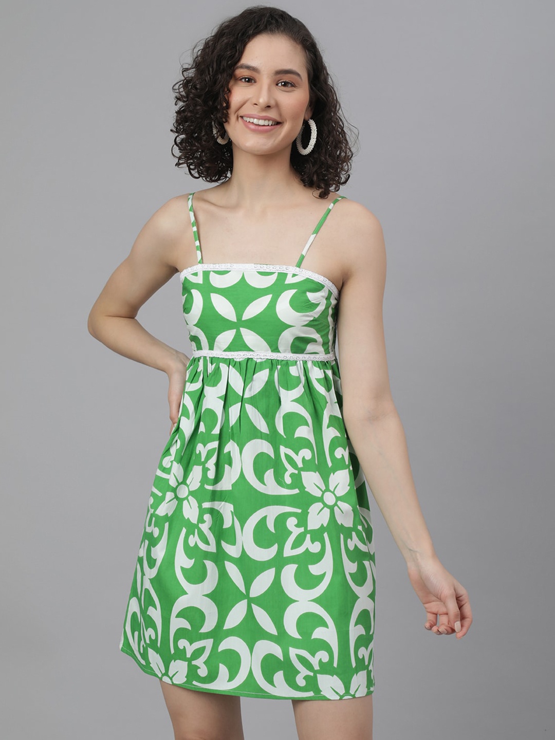 

I Love She Floral A-Line Cotton Dress, Green