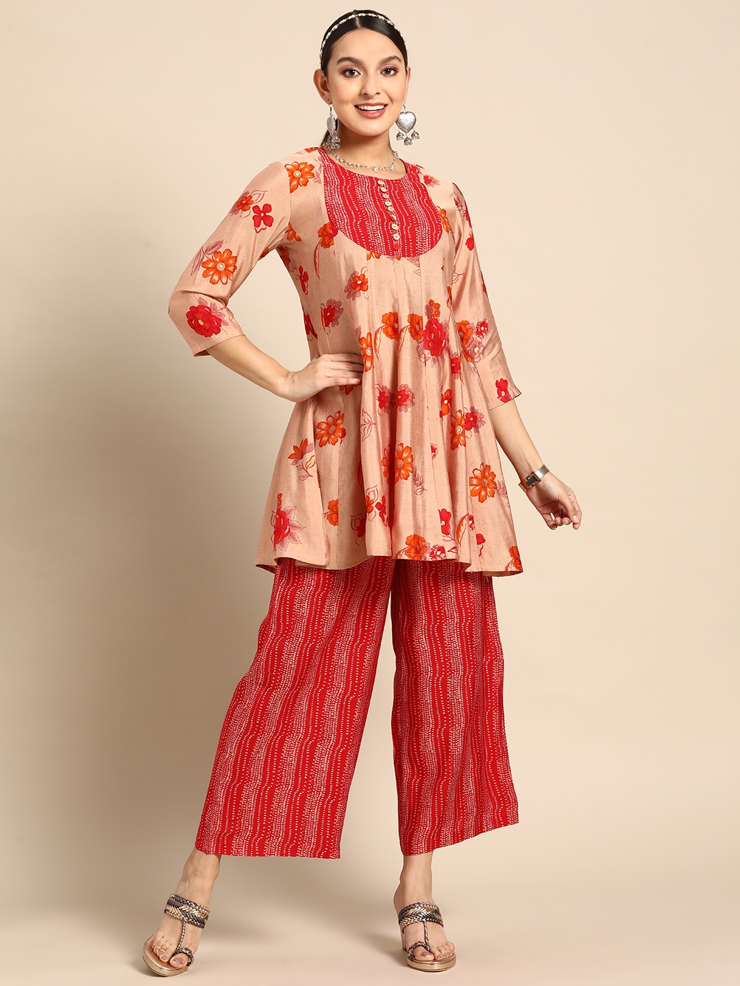 

Sangria Women Red Floral Printed Empire Kurta with Palazzos