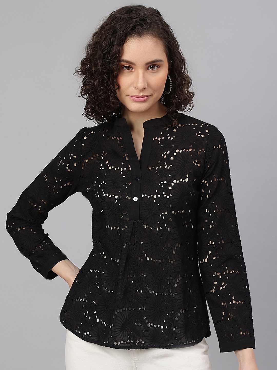 

I Love She Women Classic Floral Casual Cotton Shirt, Black