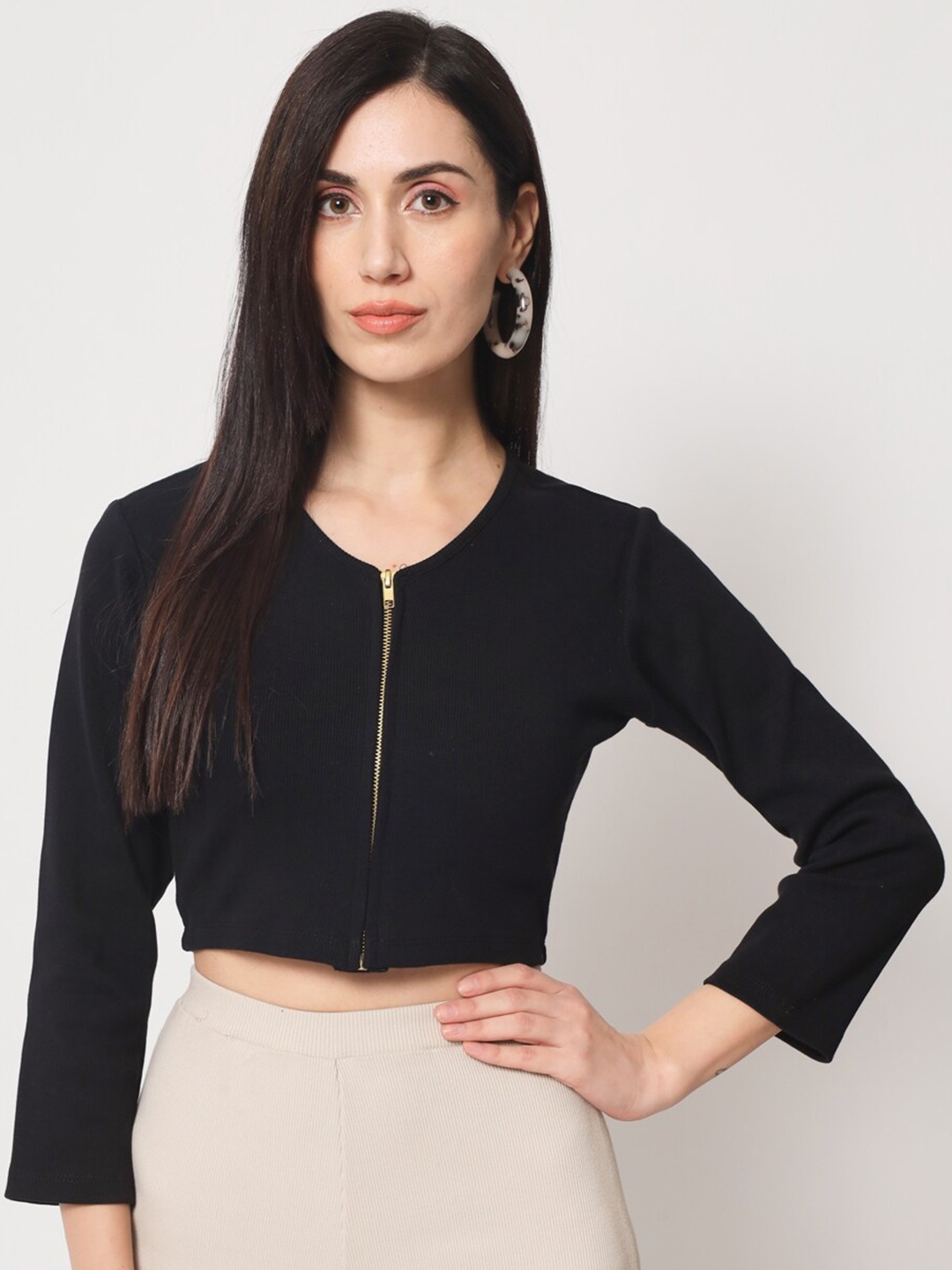 

CHARMGAL V-Neck Front Zip Cotton Casual Top, Black