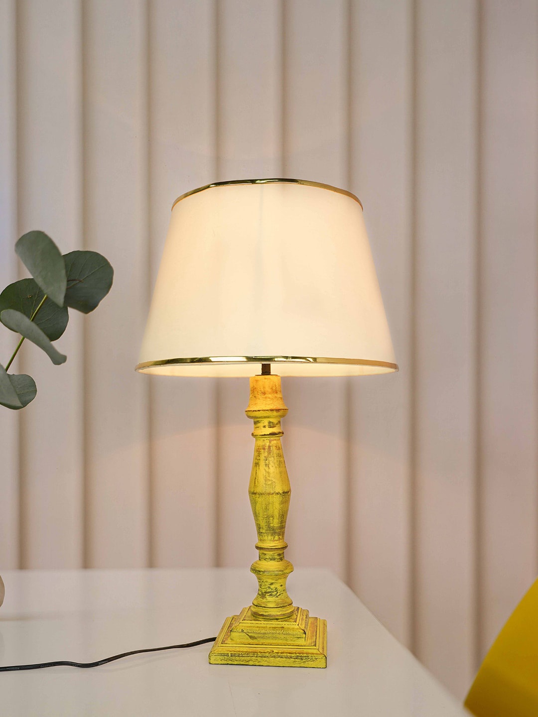 

Fos Lighting French Cream & Yellow Distressed Rustic Wooden Table Lamp With Tapered Fabric Shade