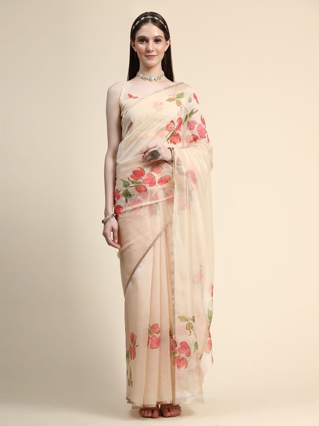 

AVANSHEE Floral Printed Zari Organza Saree, Cream