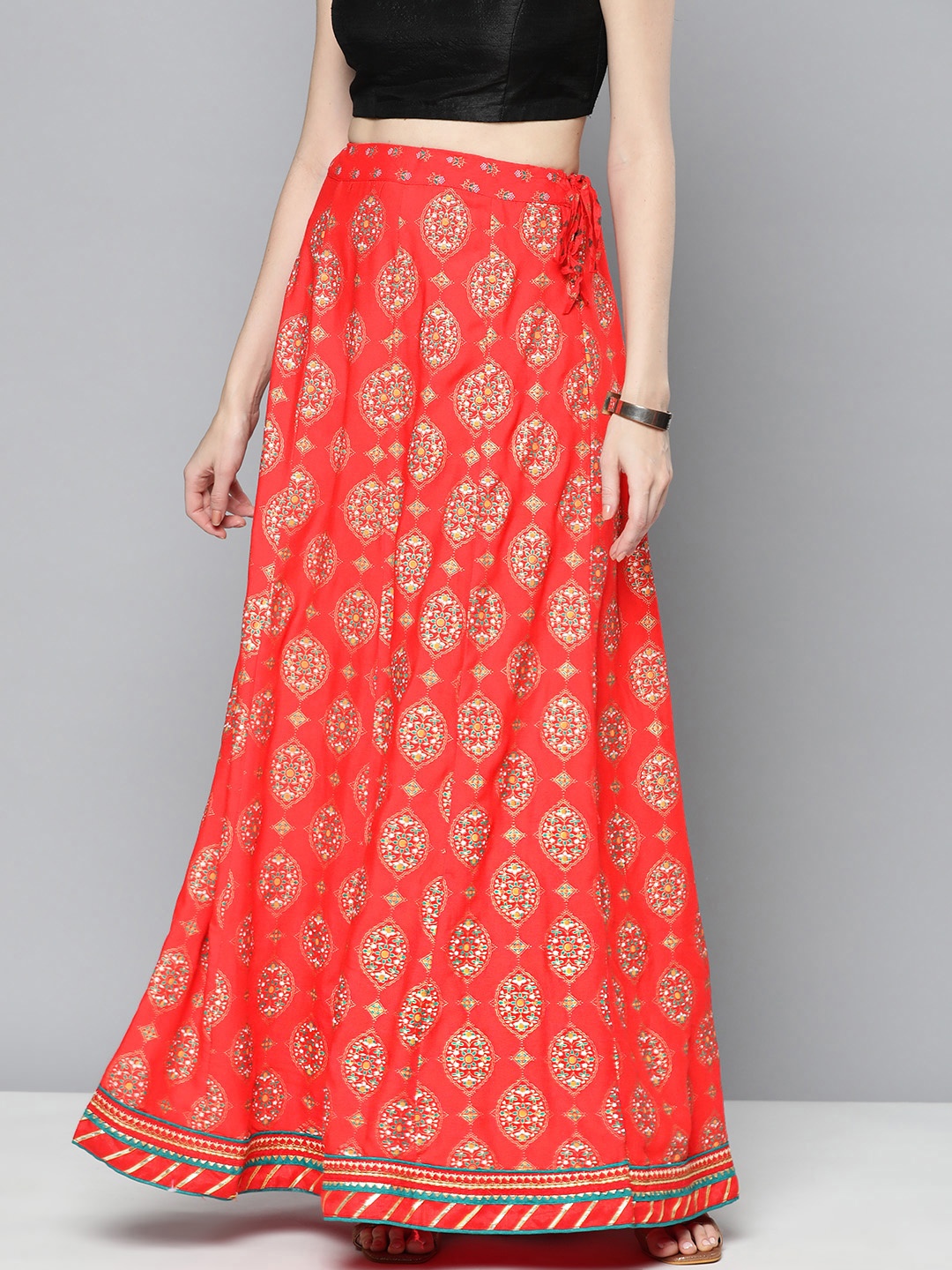 

Kvsfab Ethnic Print Flared Maxi Skirt, Red