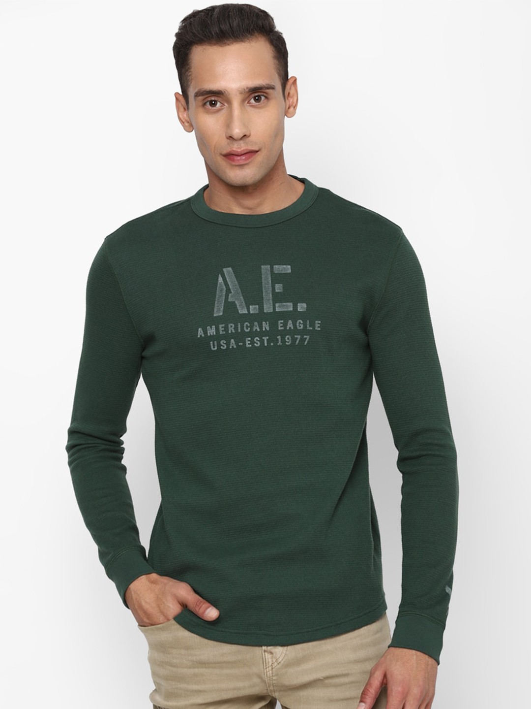 

AMERICAN EAGLE OUTFITTERS Men Typography Printed Pure Cotton T-shirt, Green