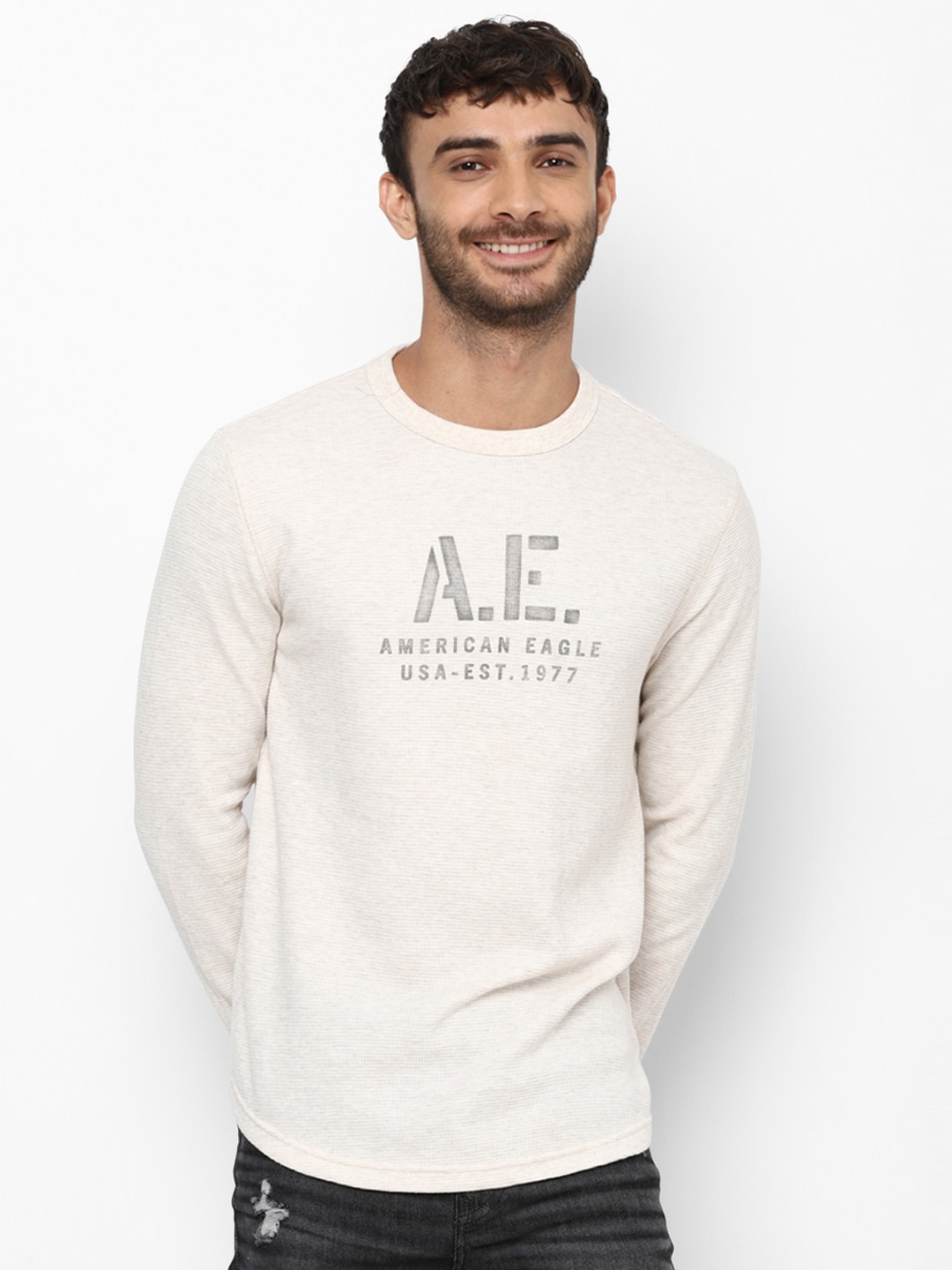 

AMERICAN EAGLE OUTFITTERS Men Typography Printed Cotton T-shirt, Beige
