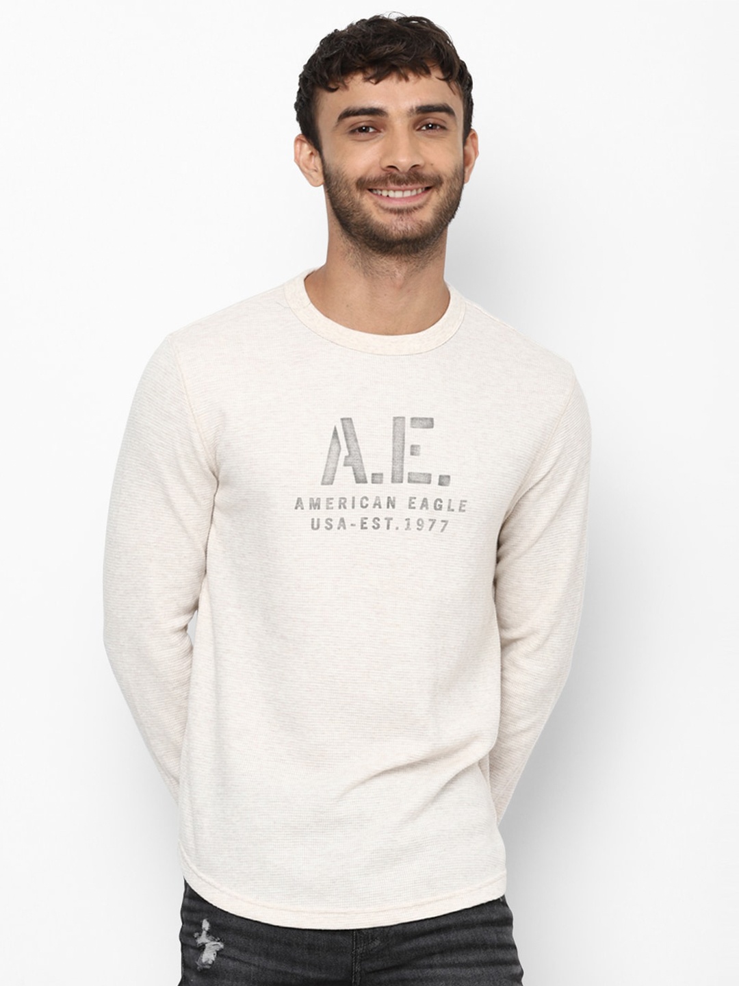 

AMERICAN EAGLE OUTFITTERS Men Typography Printed Pure Cotton T-shirt, Beige