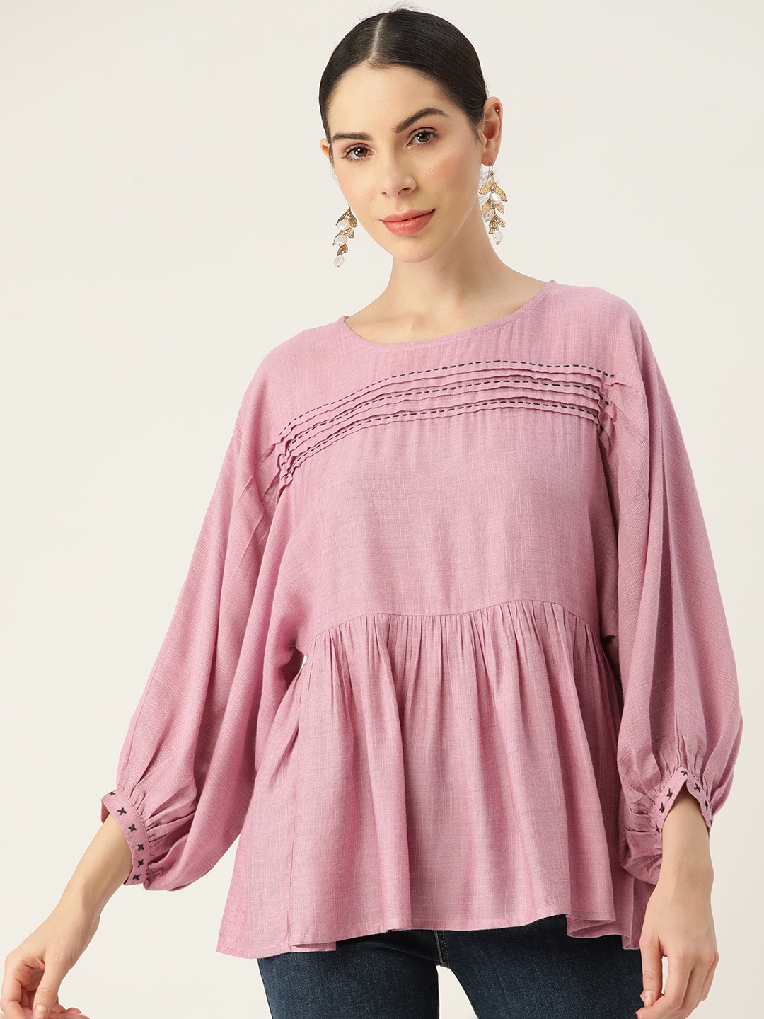 

MISRI Embroidered Bishop Sleeves Peplum Longline Top, Pink