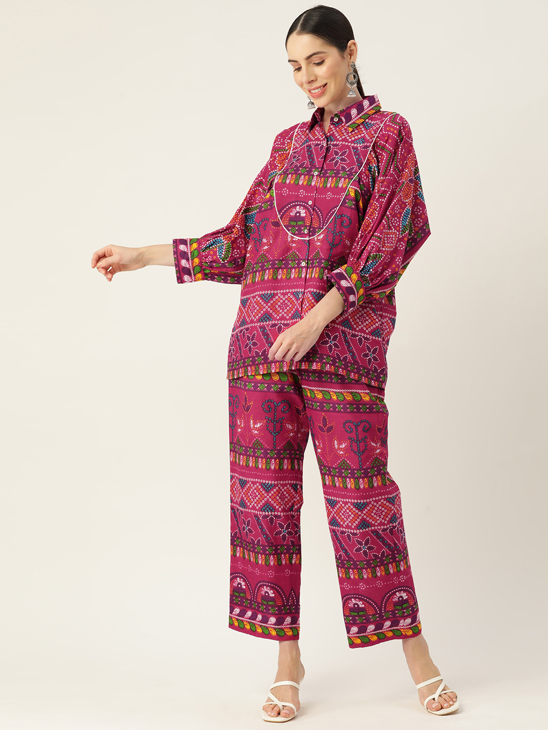 

MISRI Women Pure Cotton Printed Shirt With Trousers, Pink