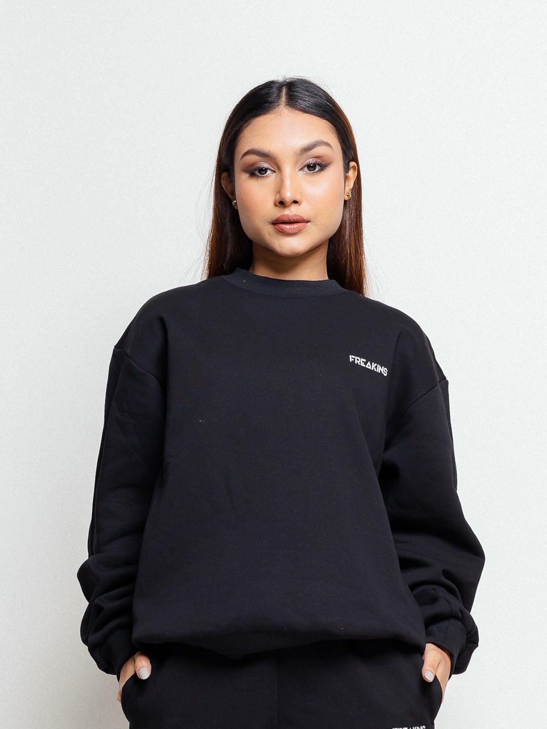 

FREAKINS Women Round Neck Cotton Sweatshirt, Black