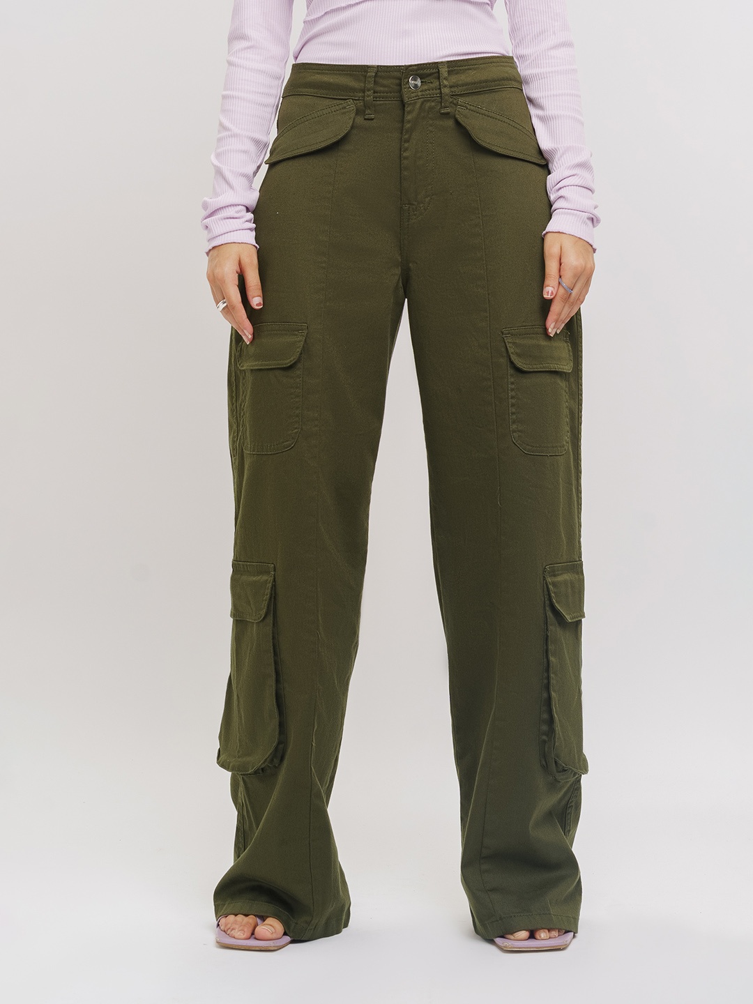 

FREAKINS Women Straight Fit High-Rise Cotton Cargo Jeans, Olive