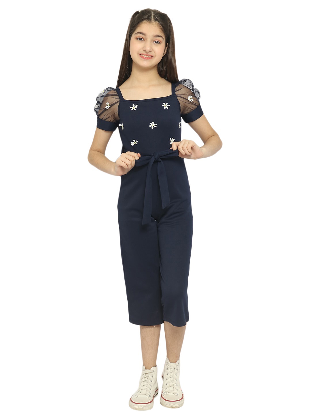 

Natilene Girls Printed Square Neck Capri Jumpsuit, Navy blue