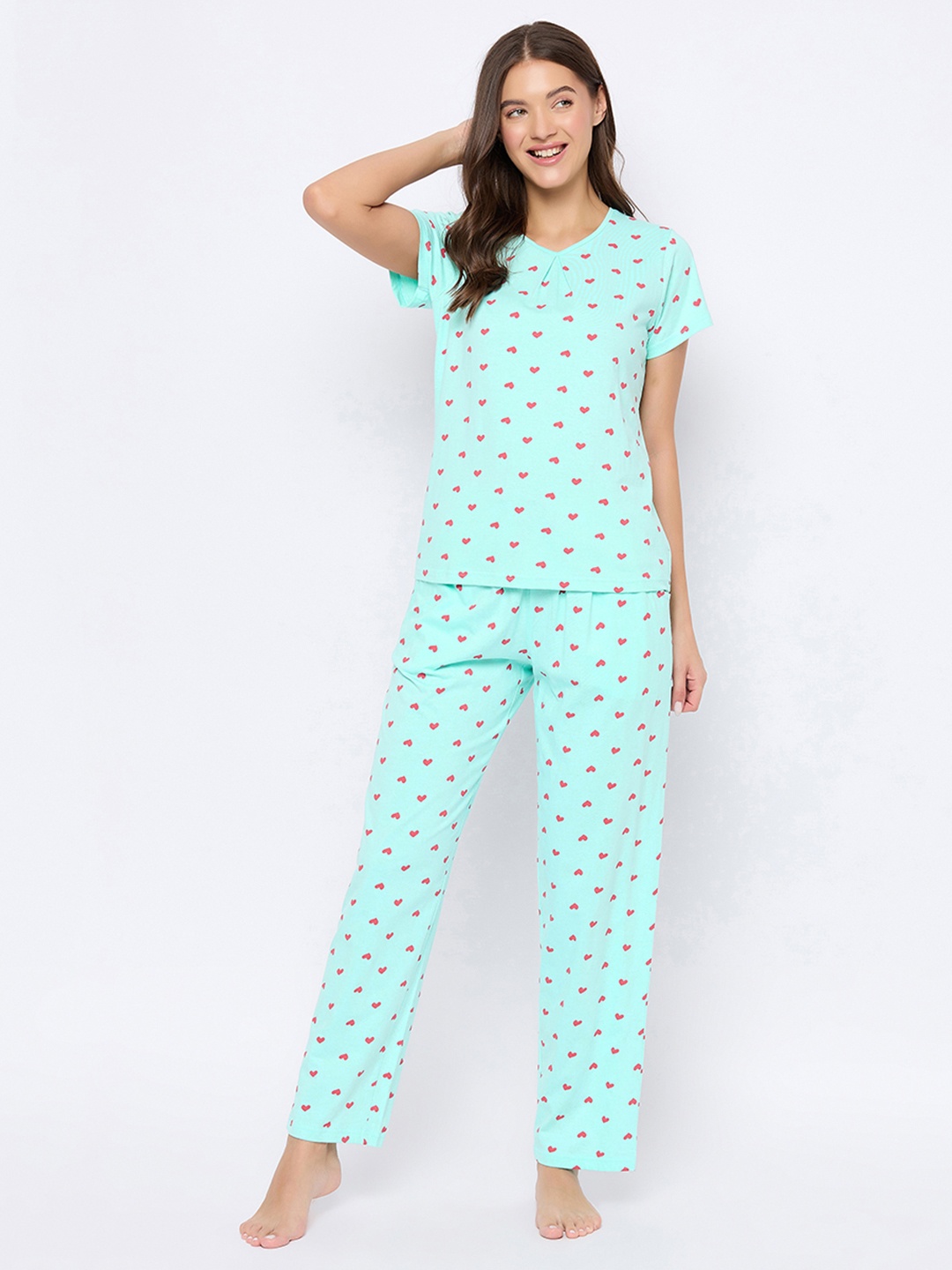 

Clovia Women Heart Print Pure Cotton Night Suit, Blue
