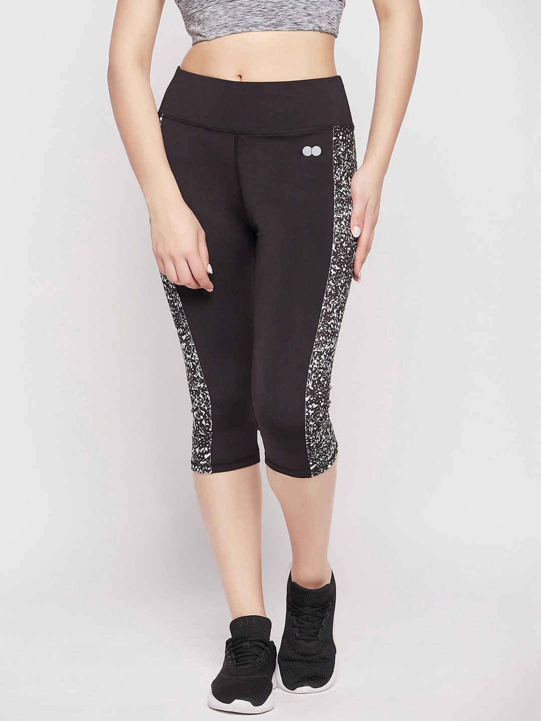 

Clovia Women Printed Snug Fit High-Rise Active Capris, Black