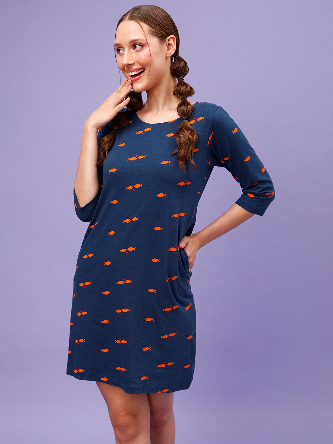 

Clovia Fish Print Short Night Dress, Blue