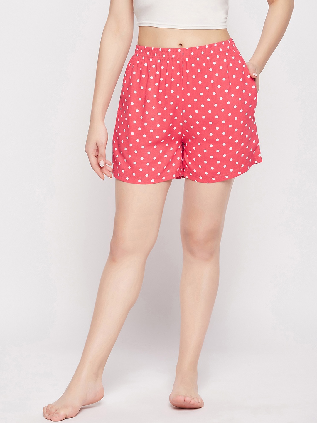 

Clovia Women Polka Dot Printed Lounge Shorts, Red