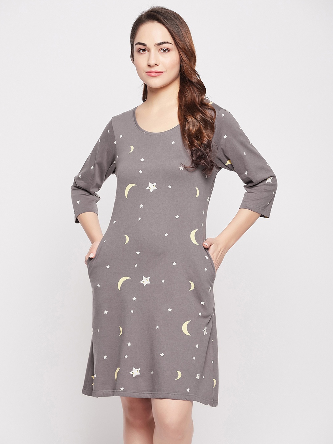

Clovia Star & Moon Print Short Night Dress, Grey