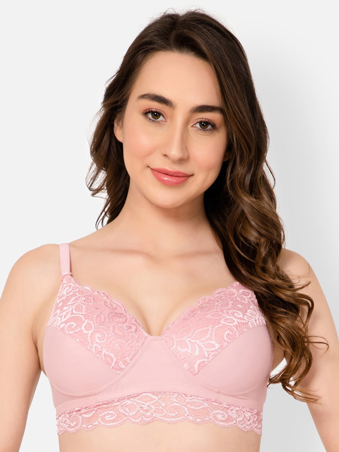 

Clovia Padded Non-Wired Lace Full Cup Multiway Bralette, Pink