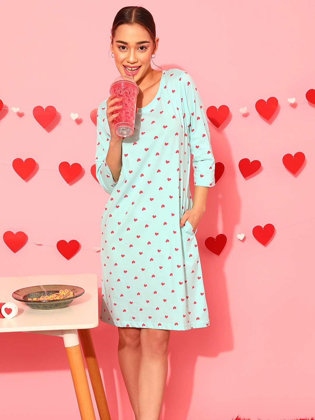 

Clovia Heart Print Short 100% Cotton Nightdress, Blue