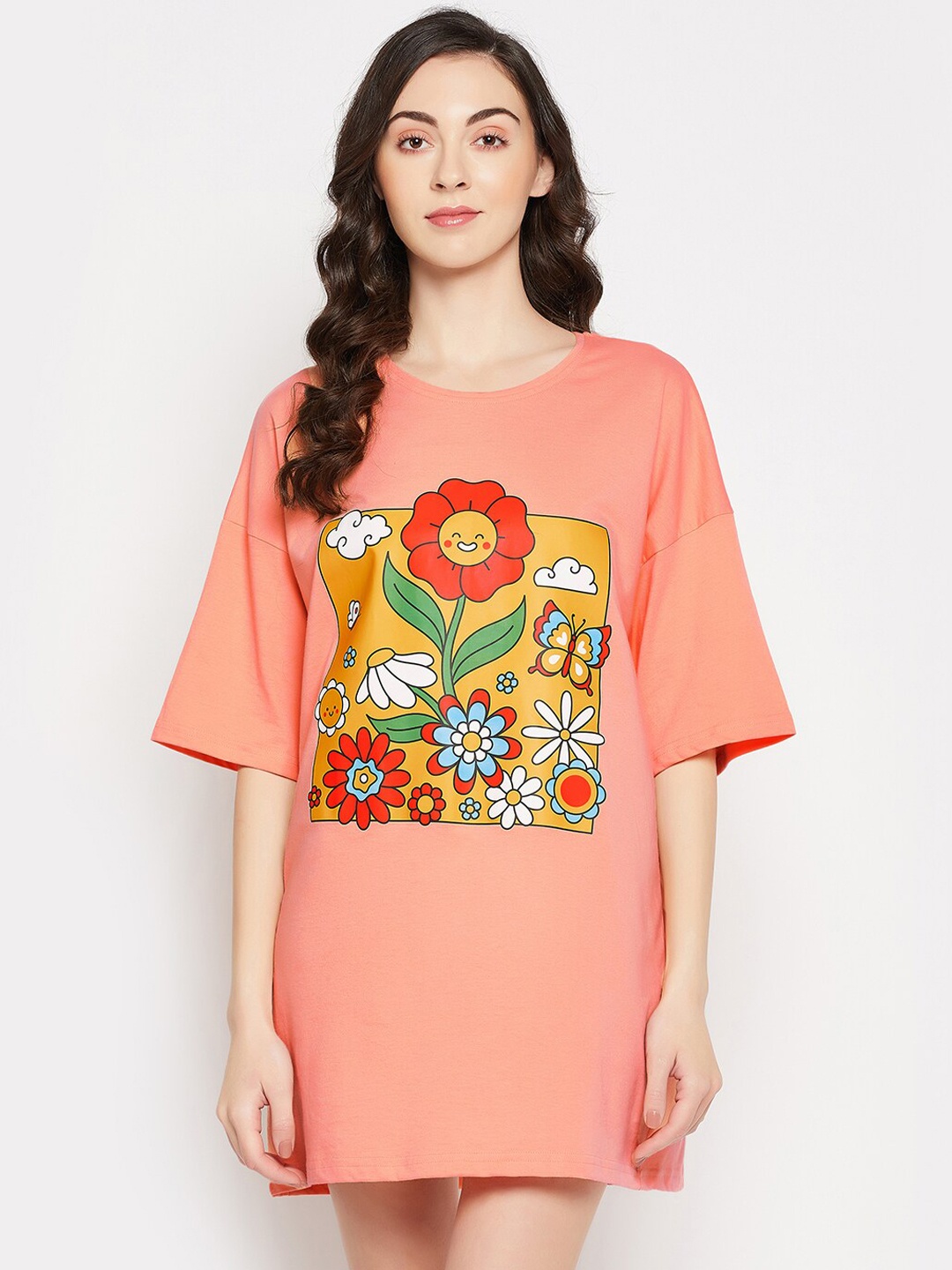 

Clovia Pure Cotton Text & Graphic Print Oversized Lounge T-shirt, Peach