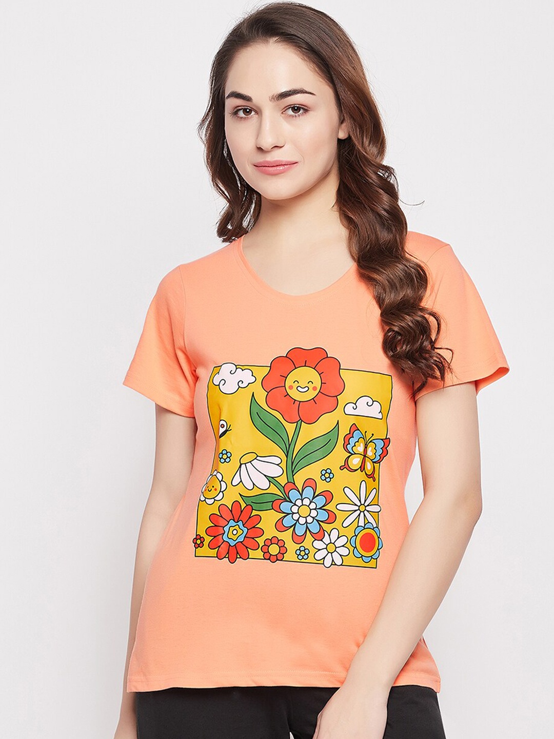 

Clovia Women Printed Pure Cotton Lounge T-shirt, Peach