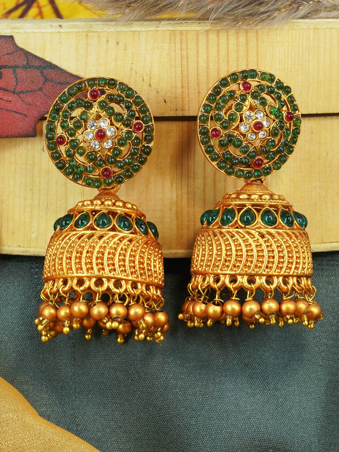 

GRIIHAM Gold-Plated Contemporary Jhumkas Earrings, Green