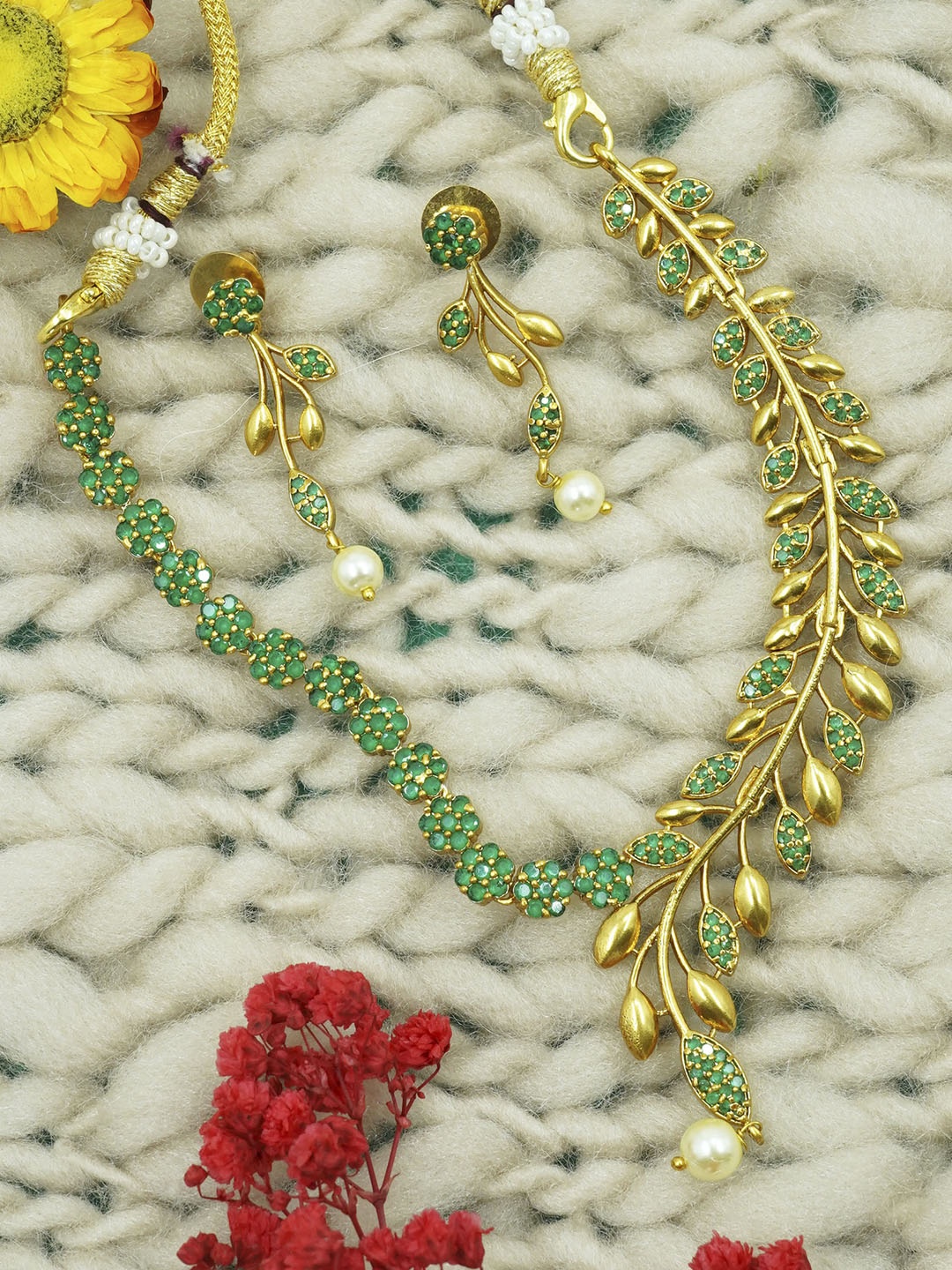 

GRIIHAM Women Gold-Plated & Green Premium Polish AD Studded Jewellery Set