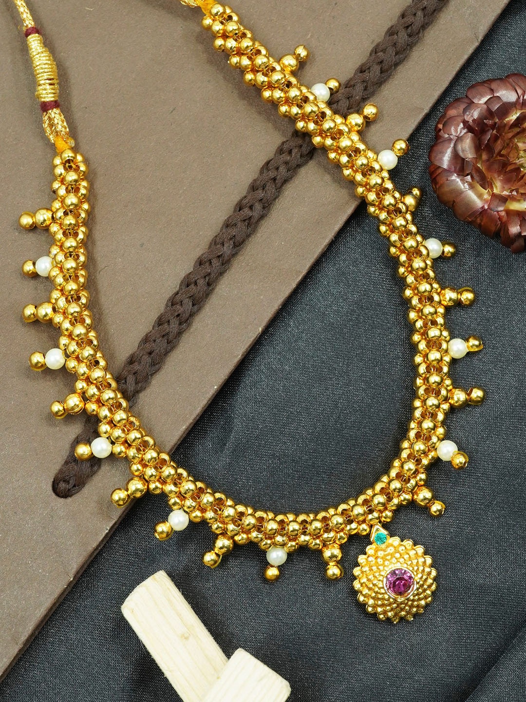 

GRIIHAM Gold-Plated Maharastra Thusi Necklace, Pink