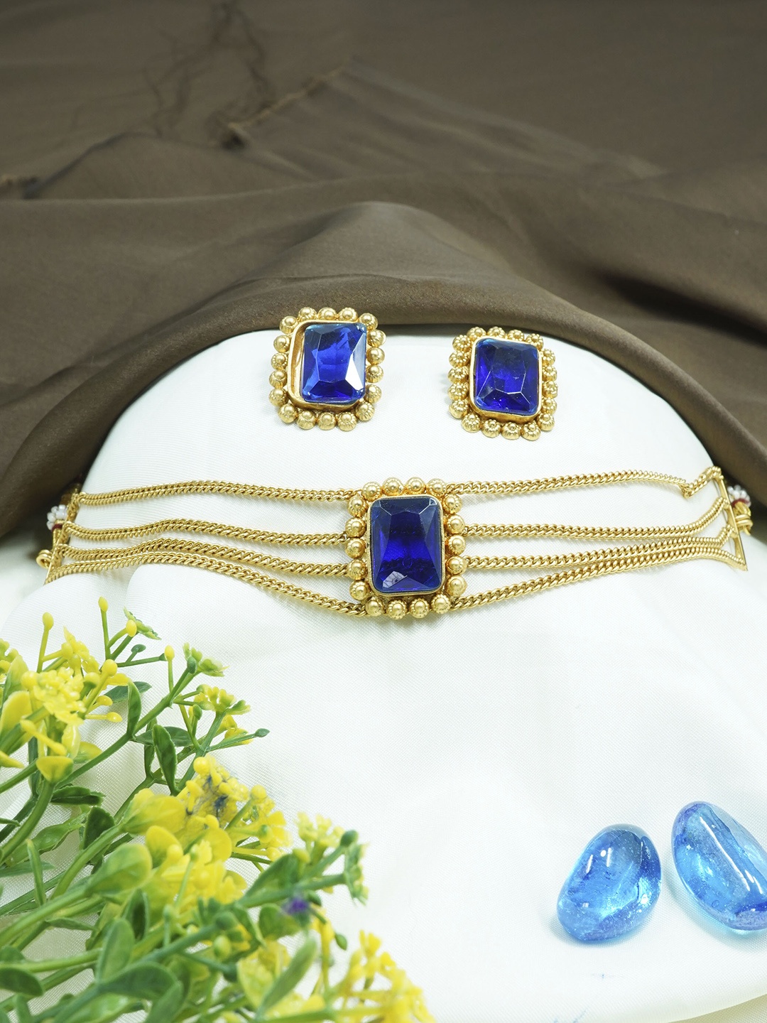 

GRIIHAM Gold-Plated Square Stone Studded Jewellery Set, Blue