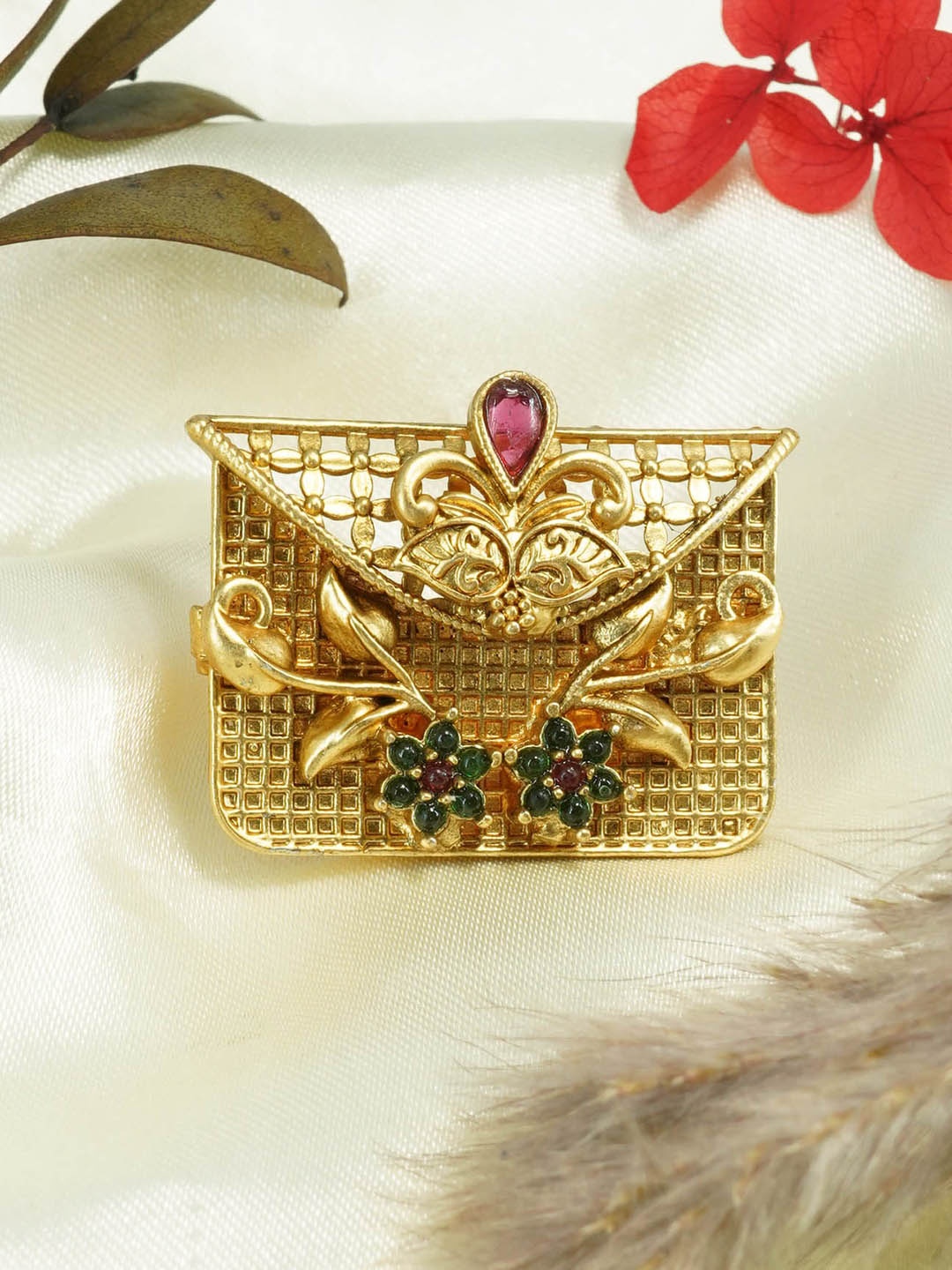 

GRIIHAM Gold Plated AD Studded Adjustable Antique Finger Ring, Red