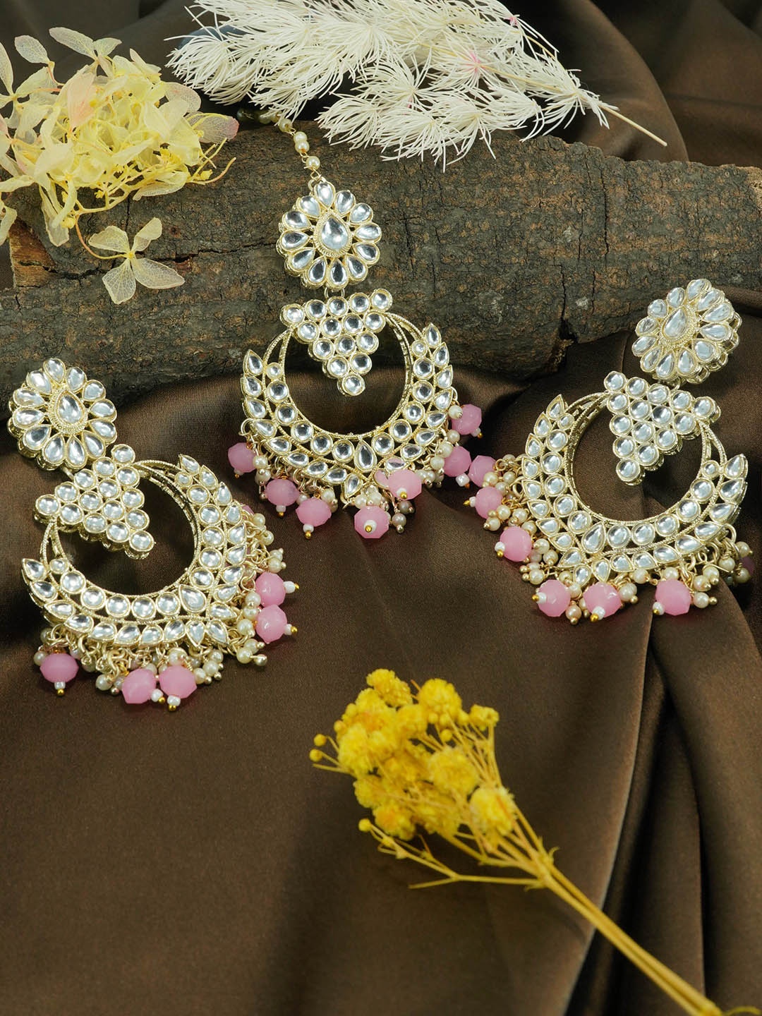 

GRIIHAM Gold-Plated Contemporary Drop Earrings With Maang Tikka, Pink