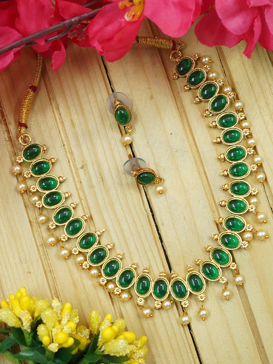 

GRIIHAM Gold-Plated American Diamond Studded & Beaded Jewellery Set, Green