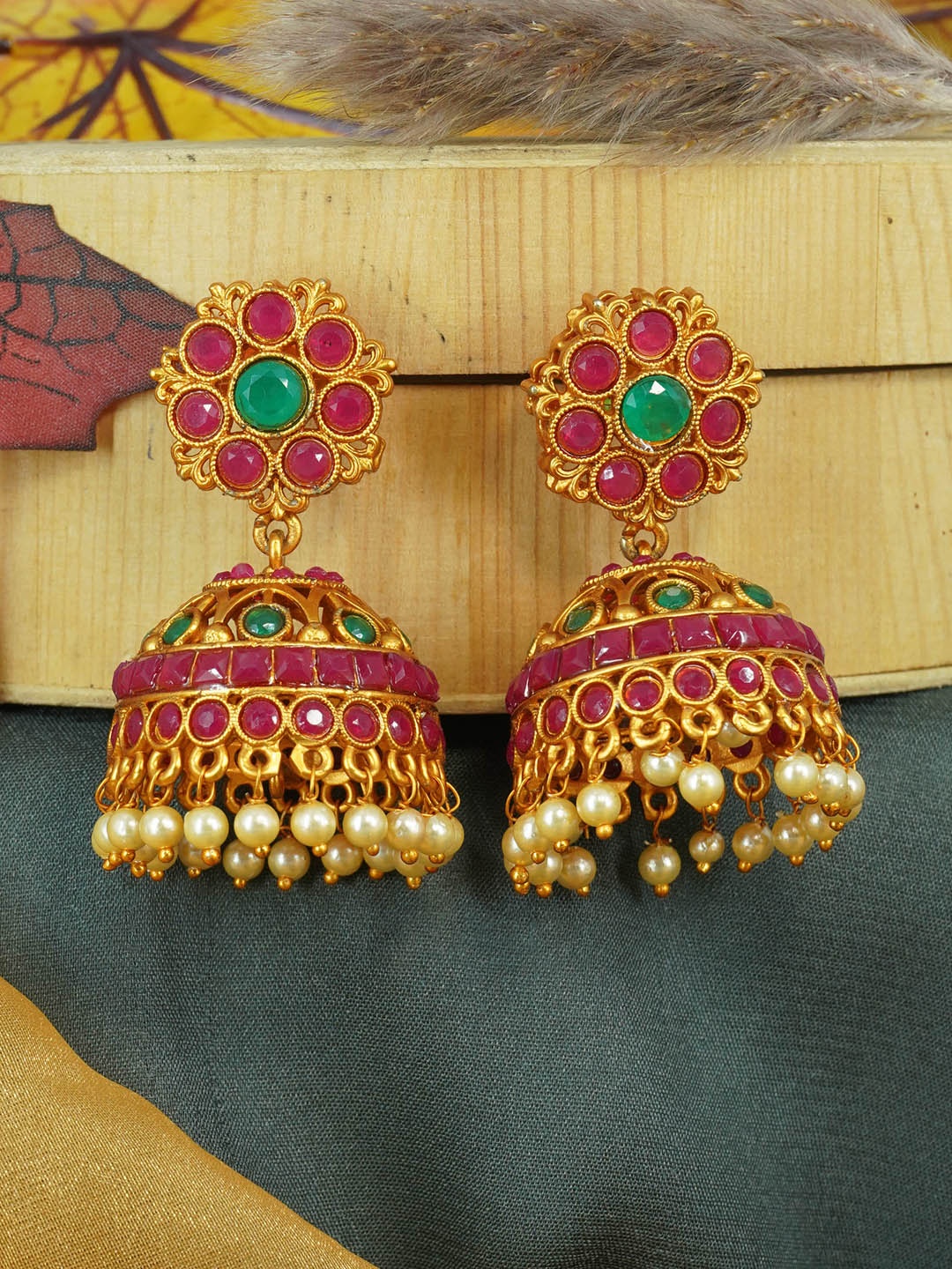 

GRIIHAM Red & Green Gold-Plated Contemporary Jhumkas Earrings