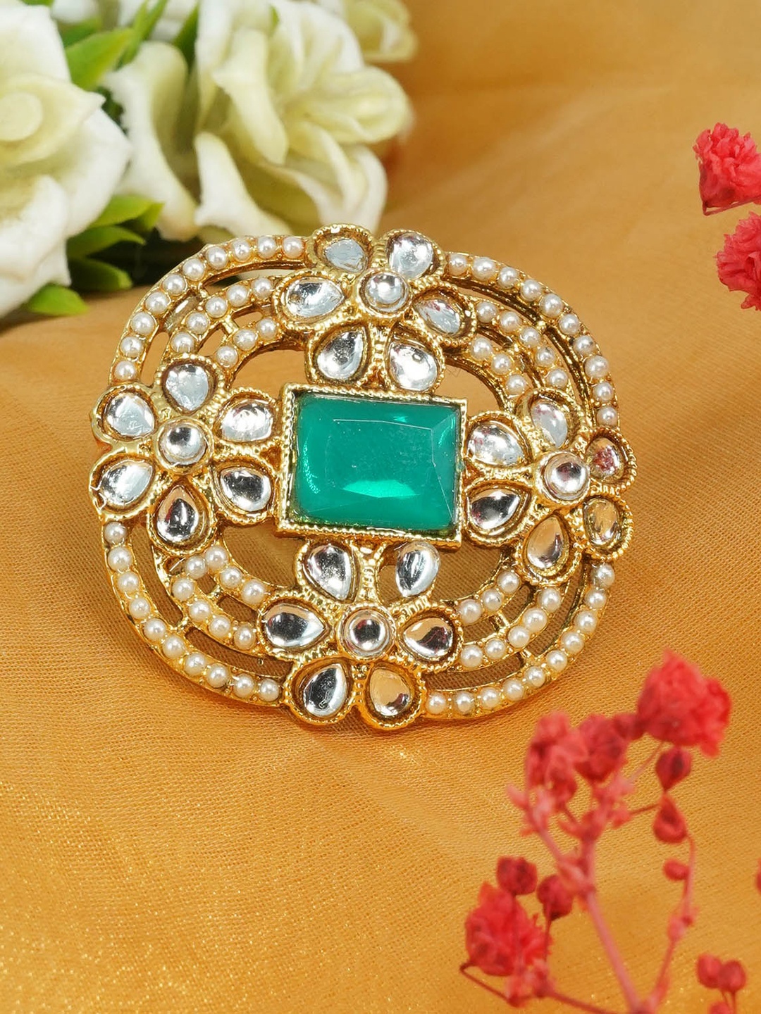 

GRIIHAM Gold-Plated AD-Studded Adjustable Antique Finger Ring, Green